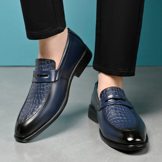 Elegant Croc Embossed Penny Loafers for Women with Pointed Toe Slip On Block Heel Formal Style