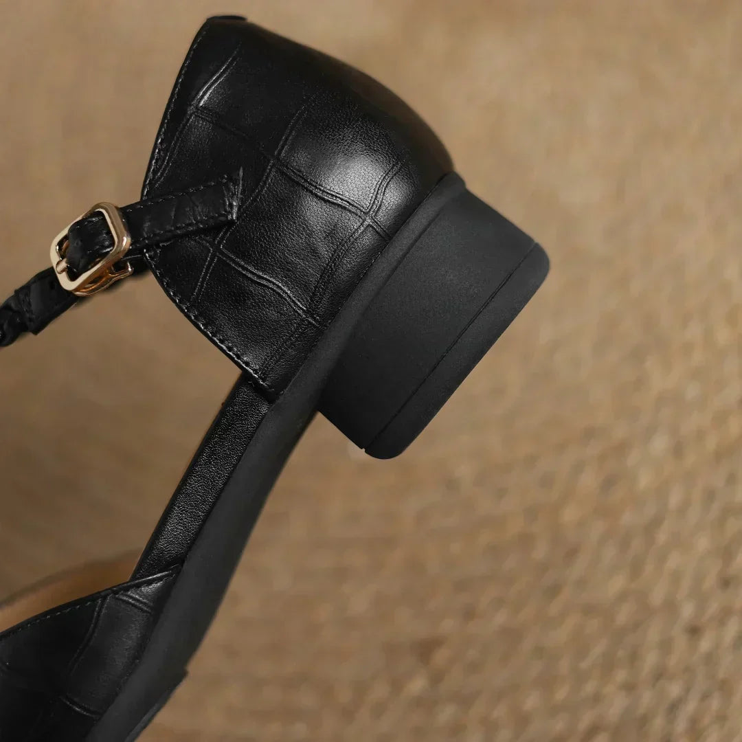 Elegant Croc Embossed T-Strap Flats for Women with Braided Strap Pointed Toe Block Heel Style