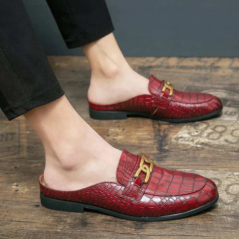 Elegant Croc Embossed Leather Loafer Mule for Women with Chain Buckle Pointed Toe Backless Style