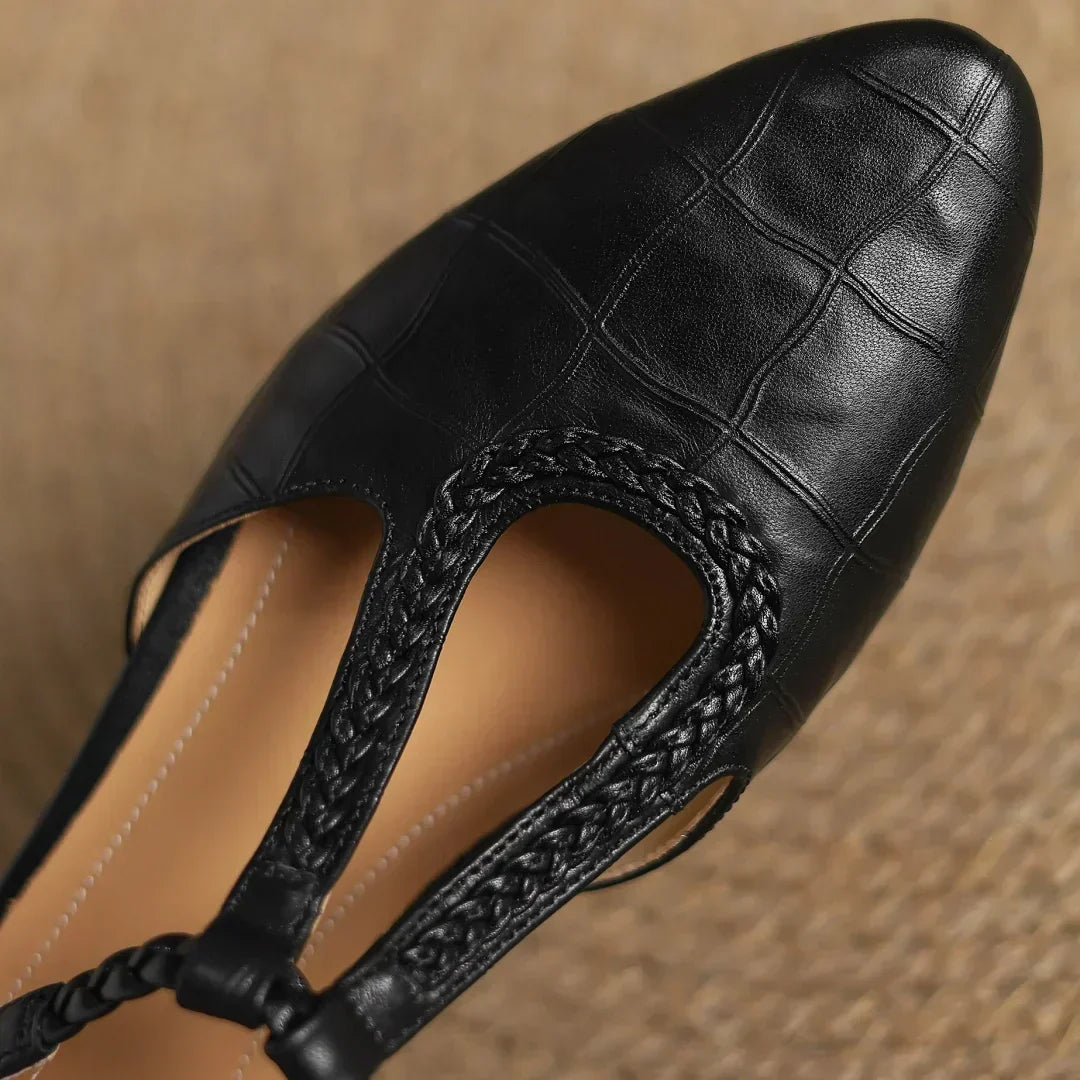 Elegant Croc Embossed T-Strap Flats for Women with Braided Strap Pointed Toe Block Heel Style
