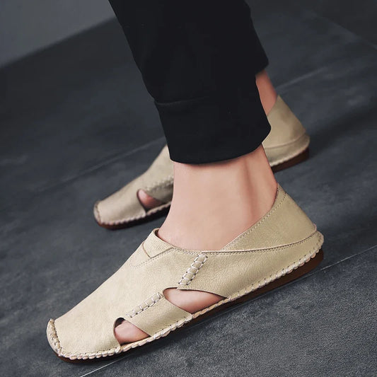 Effortless Leather Cutout Sandal for Women with Round Toe Slip On Hand Stitched Casual Style