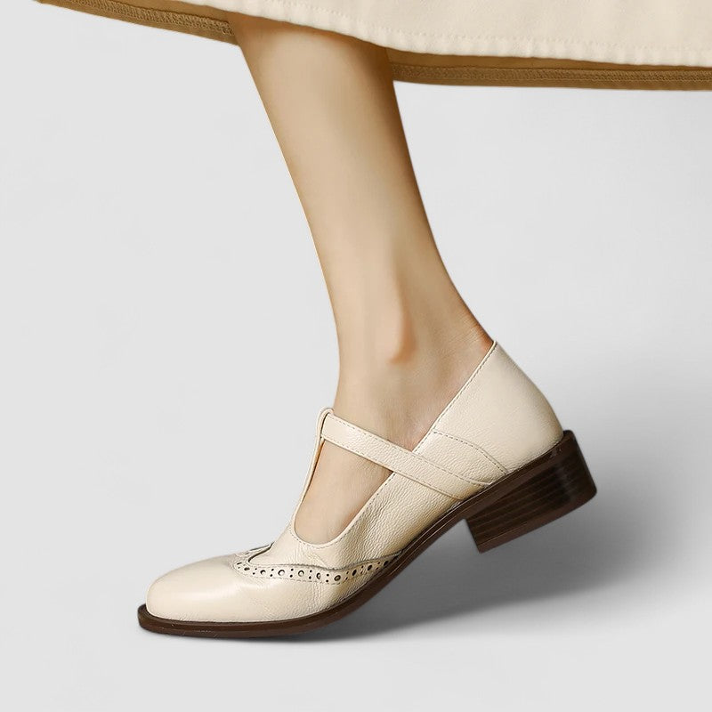 Stylish Leather T Strap Oxford for Women with Wingtip Brogue Buckle Low Block Heel Style