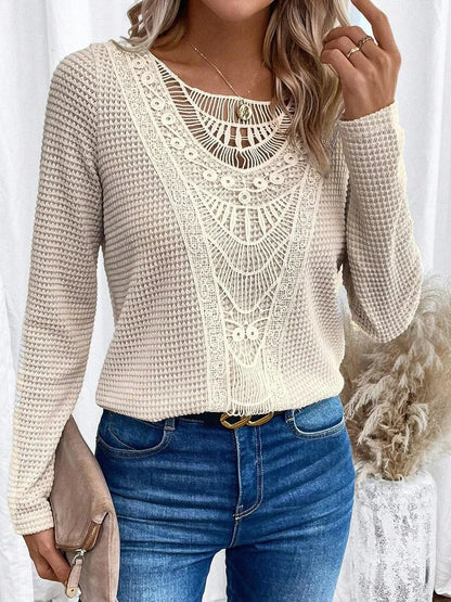 Effortless Waffle Knit Sweater for Women with Round Neck Long Sleeve Crochet Lace Boho Style