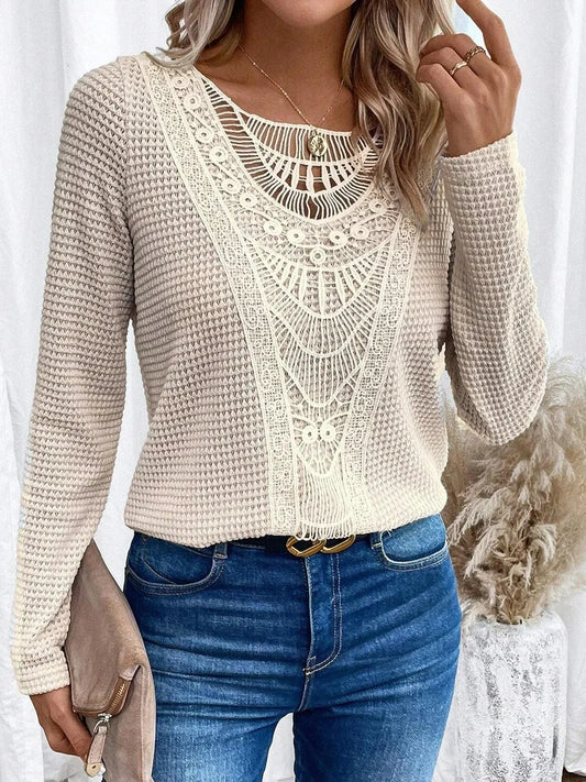 Effortless Waffle Knit Sweater for Women with Round Neck Long Sleeve Crochet Lace Boho Style