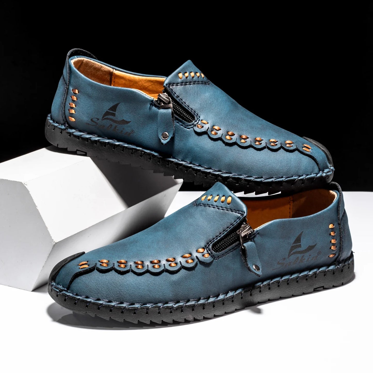 Effortless Faux Leather Slip-On Loafer for Women with Hand Stitched Moc Toe Zipper Detail Casual Style