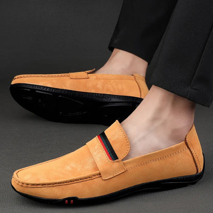 Comfortable Suede Driving Loafer for Women with Striped Ribbon Trim Slip On Casual Style
