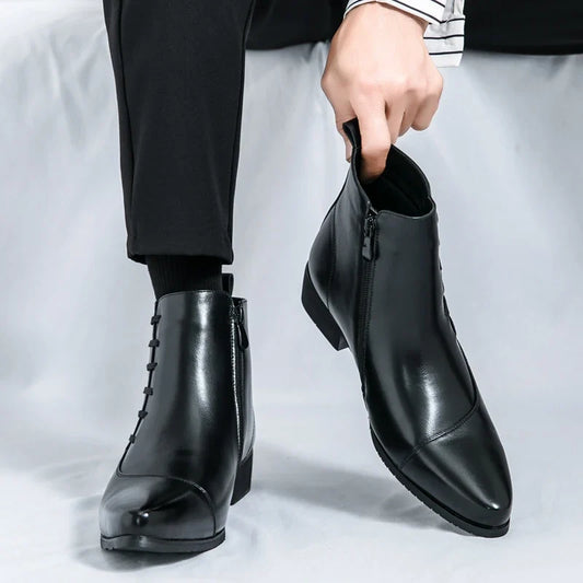Elegant Leather Ankle Boots for Women with Pointed Toe Side Zip Block Heel Style