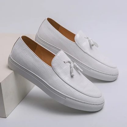 Stylish Croc Embossed Leather Tassel Loafers for Women with Round Toe Slip On Platform Sole Casual Style