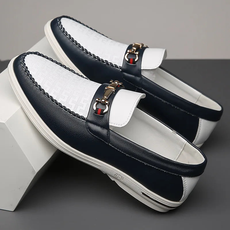 Elegant Leather Mule Loafer for Women with Horsebit Buckle Woven Trim Slip On Style