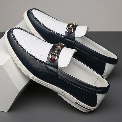Elegant Leather Mule Loafer for Women with Horsebit Buckle Woven Trim Slip On Style