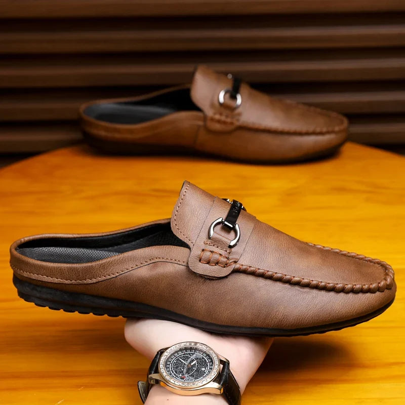 Elegant Leather Mule Loafers for Women with Silver Buckle Moc Toe Slip On Casual Style