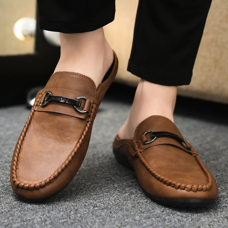 Elegant Leather Mule Loafers for Women with Silver Buckle Moc Toe Slip On Casual Style