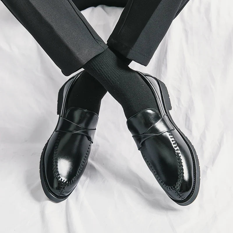 Elegant Leather Penny Loafers for Women with Crisscross Strap Stitched Toe Casual Style