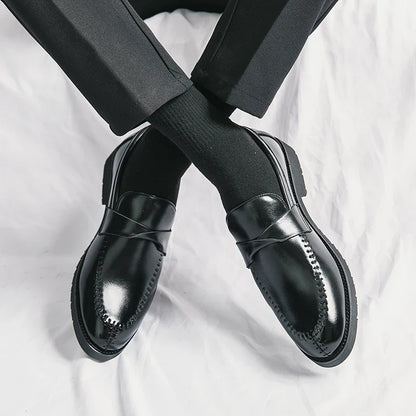 Elegant Leather Penny Loafers for Women with Crisscross Strap Stitched Toe Casual Style