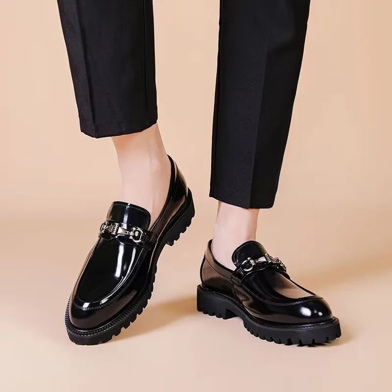 Elegant Leather Loafer for Women with Horsebit Buckle Almond Toe Chunky Lug Sole Style