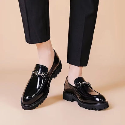 Elegant Leather Loafer for Women with Horsebit Buckle Almond Toe Chunky Lug Sole Style