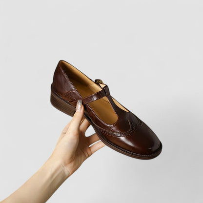 Stylish Leather T Strap Oxford for Women with Wingtip Brogue Buckle Low Block Heel Style