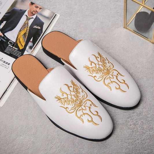 Stylish Embroidered Dragon Mule Loafer for Women with Backless Round Toe Slip On Style