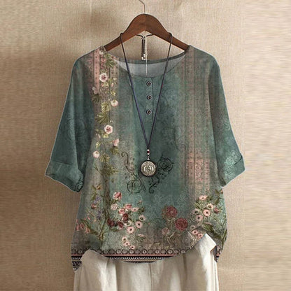 Effortless Patchwork Print Blouse for Women with Round Neck Elbow Sleeve Relaxed Bohemian Style