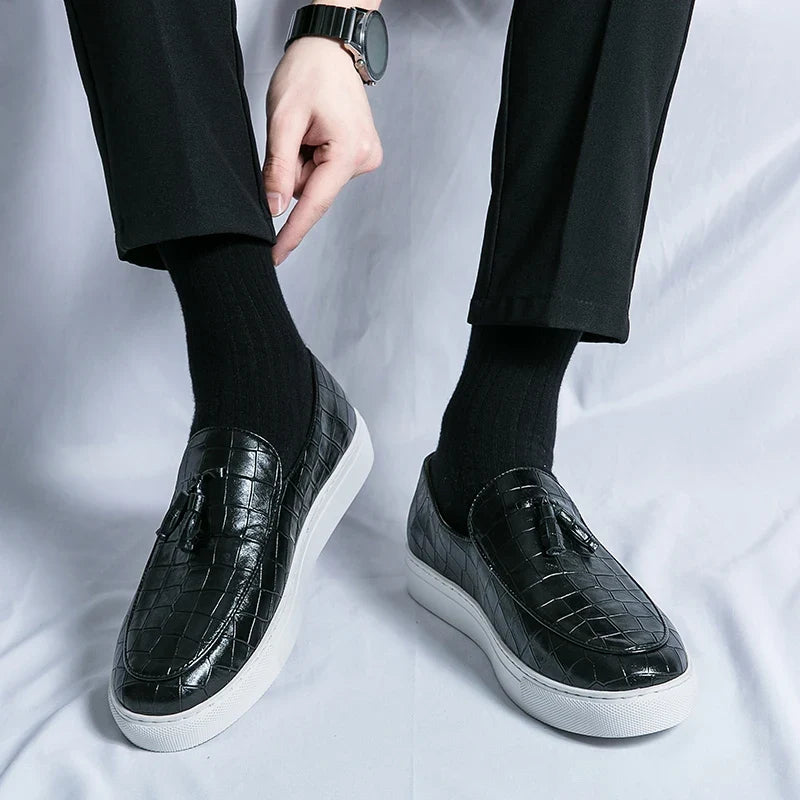 Stylish Croc Embossed Leather Tassel Loafers for Women with Round Toe Slip On Platform Sole Casual Style
