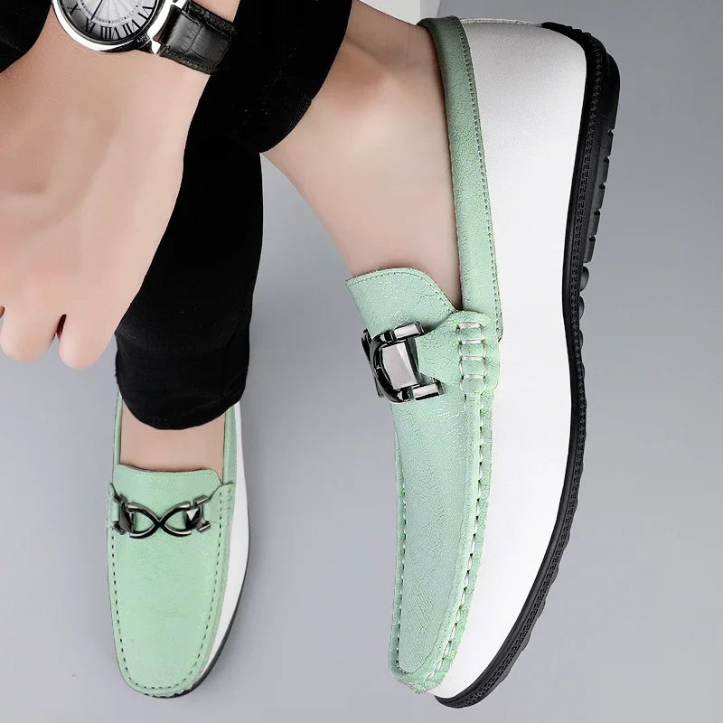 Stylish Leather Driving Loafer for Women with Slip-On Round Toe Metal Buckle Two Tone Casual Style