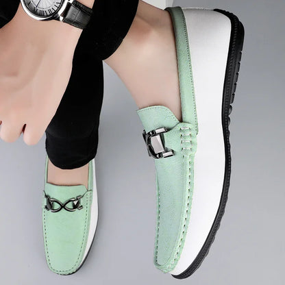 Stylish Leather Driving Loafer for Women with Slip-On Round Toe Metal Buckle Two Tone Casual Style