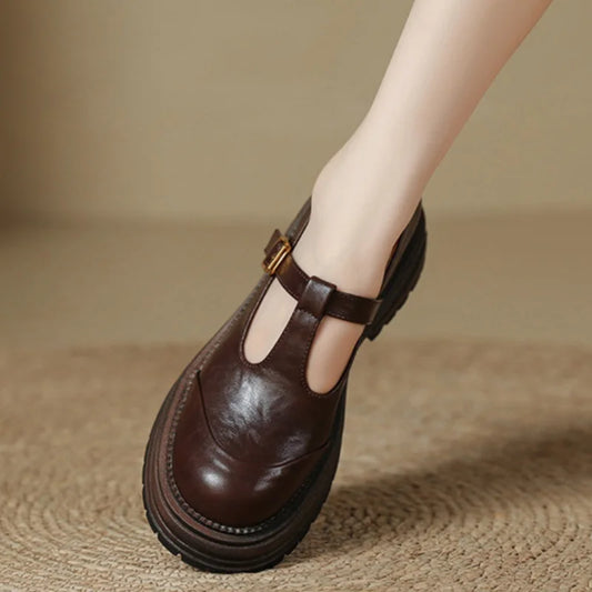 Stylish Leather Mary Jane Shoes for Women with T Strap Buckle Chunky Platform Style