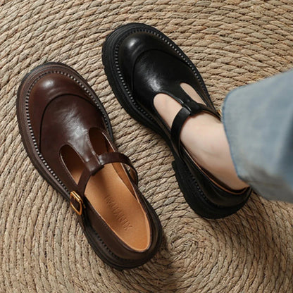 Stylish Leather Mary Jane Shoes for Women with T Strap Buckle Chunky Platform Style