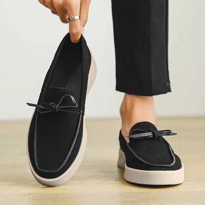 Effortless Suede Loafer Mule for Women with Bow Tie Round Toe Platform Sole Casual Style