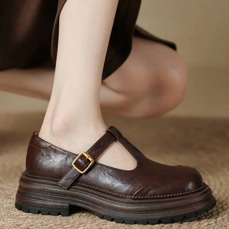 Stylish Leather Mary Jane Shoes for Women with T Strap Buckle Chunky Platform Style