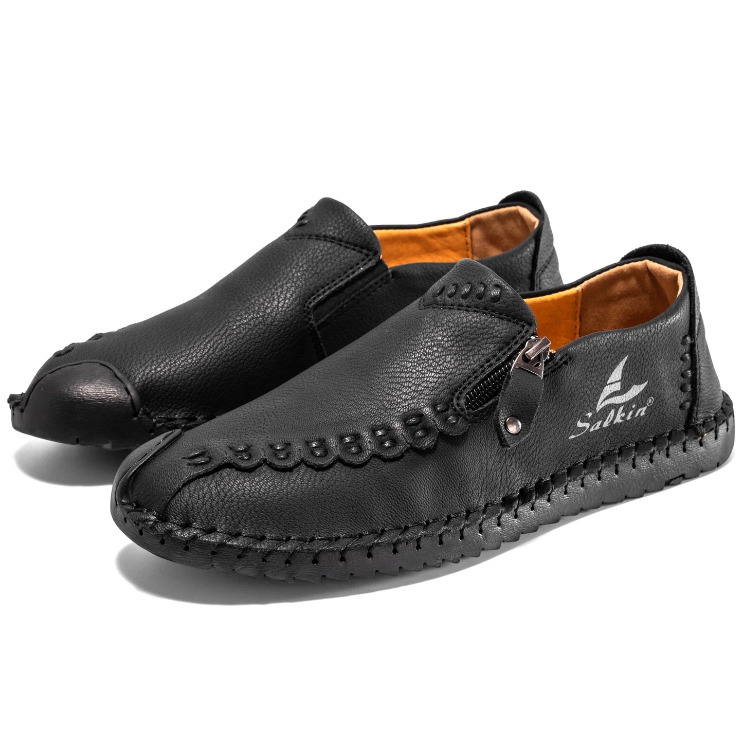 Effortless Faux Leather Slip-On Loafer for Women with Hand Stitched Moc Toe Zipper Detail Casual Style