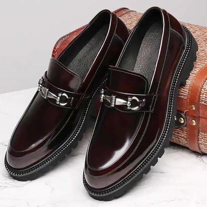 Elegant Leather Loafer for Women with Horsebit Buckle Almond Toe Chunky Lug Sole Style