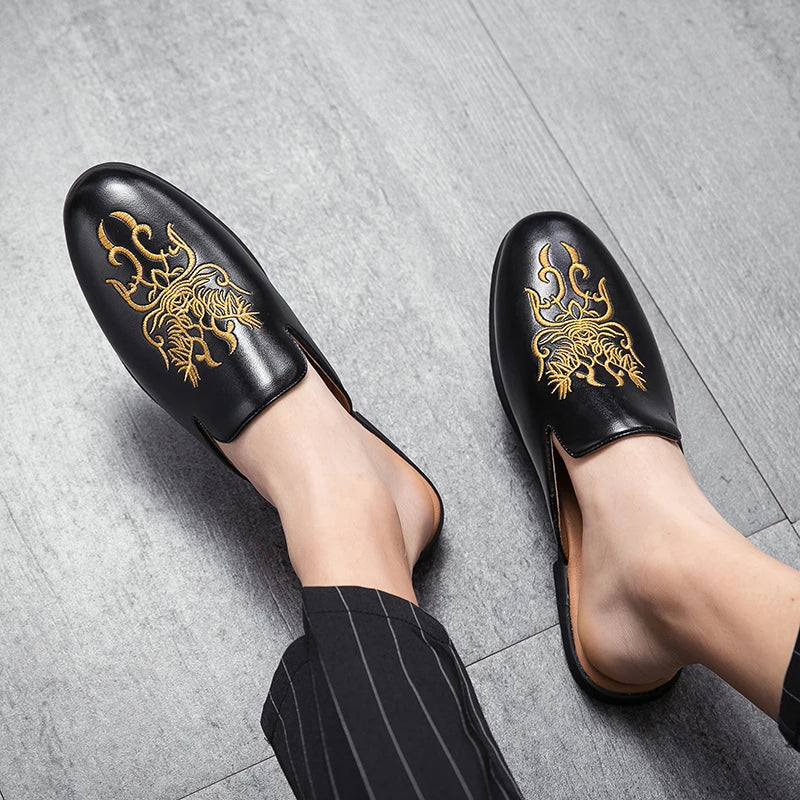 Stylish Embroidered Dragon Mule Loafer for Women with Backless Round Toe Slip On Style