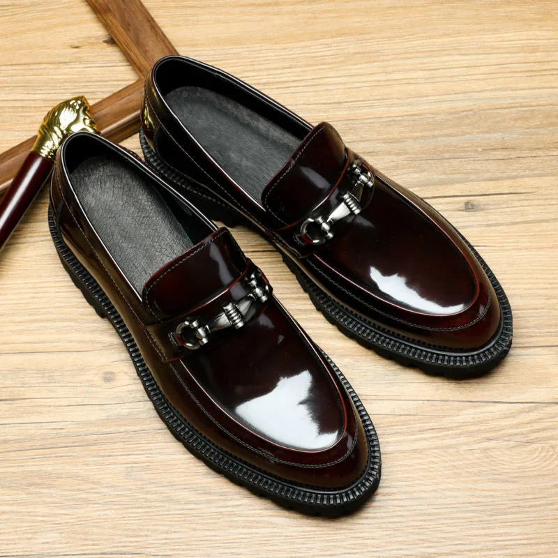 Elegant Leather Loafer for Women with Horsebit Buckle Almond Toe Chunky Lug Sole Style