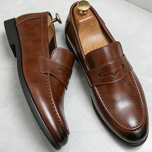 Stylish Leather Penny Loafers for Women with Saddle Strap Slip On Stacked Heel Casual Style