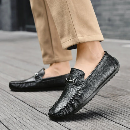 Stylish Embossed Leather Loafers for Women with Horsebit Buckle Stitched Apron Toe Driving Style
