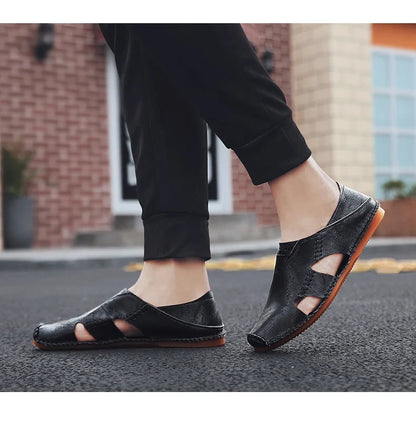 Effortless Leather Cutout Sandal for Women with Round Toe Slip On Hand Stitched Casual Style