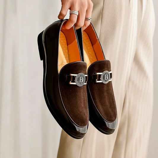 Elegant Suede Loafer for Women with Metallic Buckle Slip-On Patent Cap Toe Formal Style