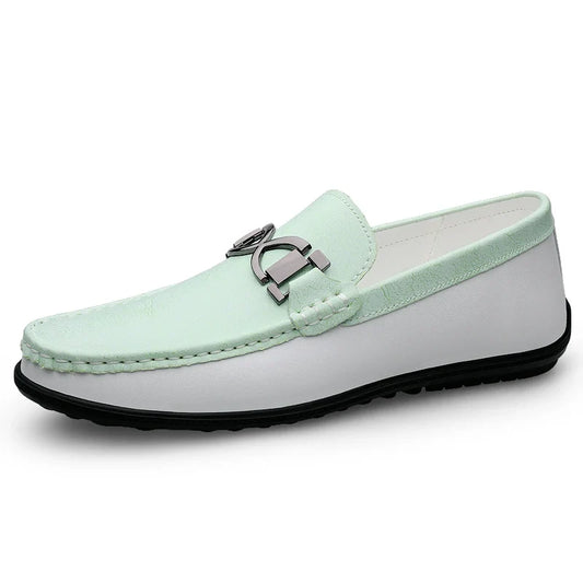 Stylish Leather Driving Loafer for Women with Slip-On Round Toe Metal Buckle Two Tone Casual Style