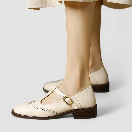 Stylish Leather T Strap Oxford for Women with Wingtip Brogue Buckle Low Block Heel Style