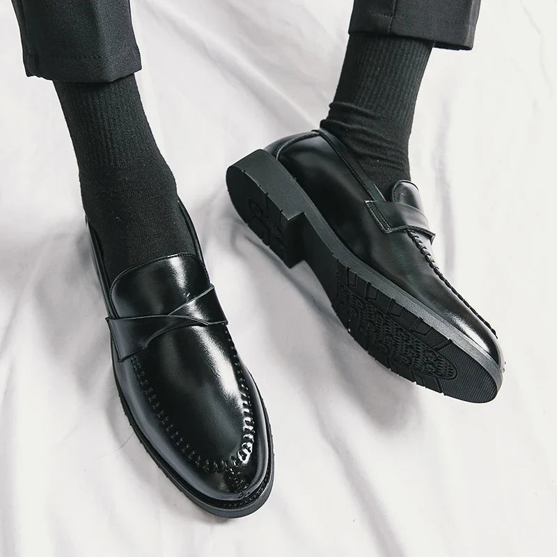 Elegant Leather Penny Loafers for Women with Crisscross Strap Stitched Toe Casual Style