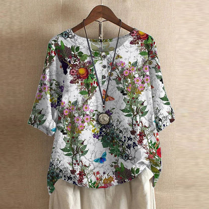 Effortless Patchwork Print Blouse for Women with Round Neck Elbow Sleeve Relaxed Bohemian Style