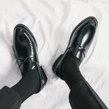 Elegant Leather Penny Loafers for Women with Crisscross Strap Stitched Toe Casual Style