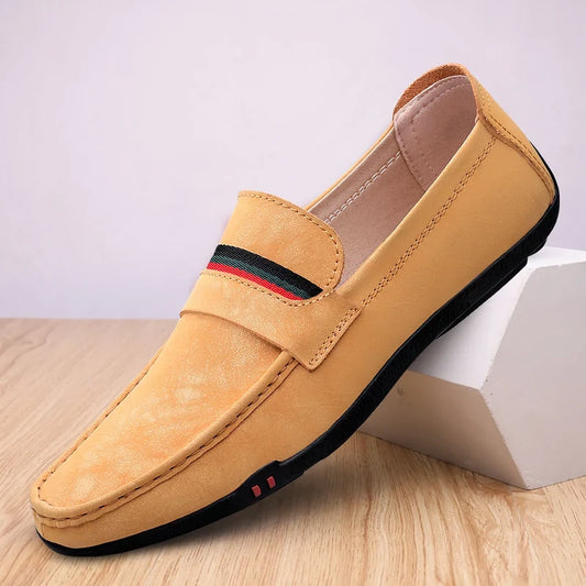 Comfortable Suede Driving Loafer for Women with Striped Ribbon Trim Slip On Casual Style