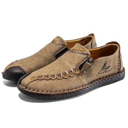 Effortless Faux Leather Slip-On Loafer for Women with Hand Stitched Moc Toe Zipper Detail Casual Style