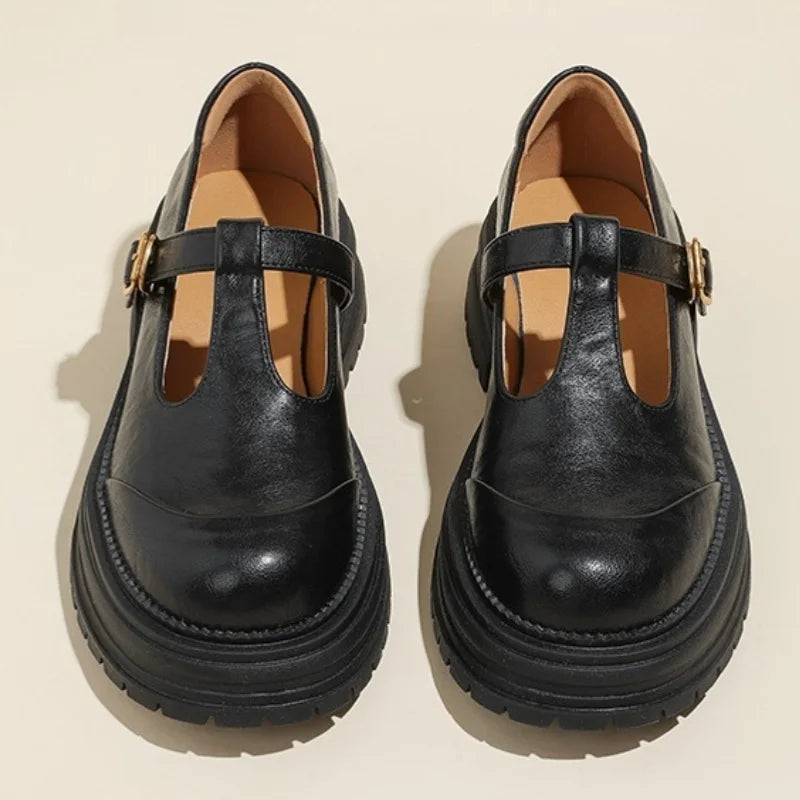 Stylish Leather Mary Jane Shoes for Women with T Strap Buckle Chunky Platform Style