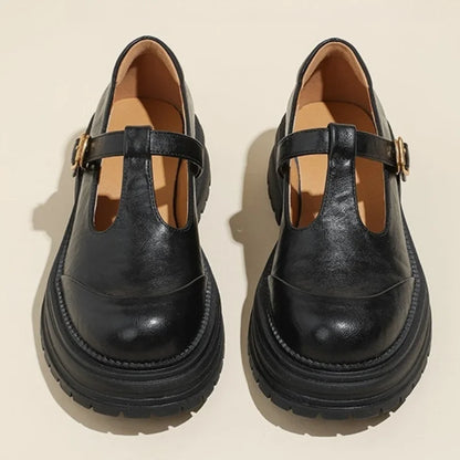 Stylish Leather Mary Jane Shoes for Women with T Strap Buckle Chunky Platform Style