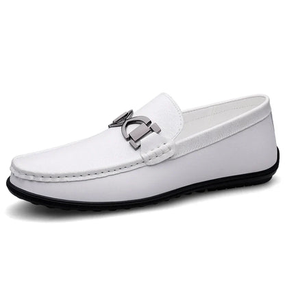 Stylish Leather Driving Loafer for Women with Slip-On Round Toe Metal Buckle Two Tone Casual Style