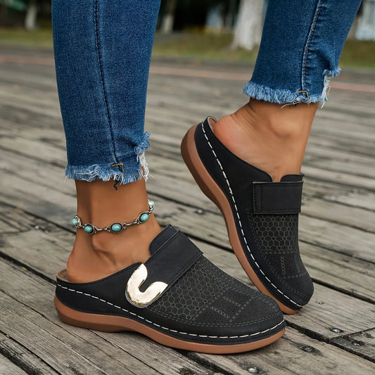 Comfortable Mules for Women with Buckle Detail Closed Toe Soft Sole Backless Slip On Style