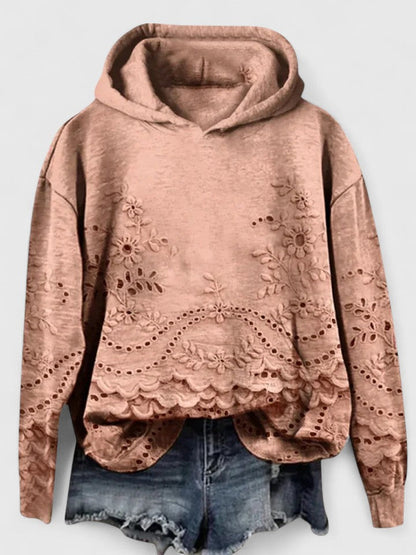 Effortless Eyelet Embroidered Cropped Hoodie for Women with Hood Long Sleeve Scalloped High Low Hem Bohemian Style